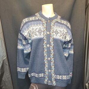 Blue Vintage NORWOOL Nordic Pattern Cardigan Sweater SIZE LARGE